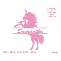 INSTANT Download. Pretty pink unicorn silhouette split monogram svg cut file and clip art. Personal and commercial use.