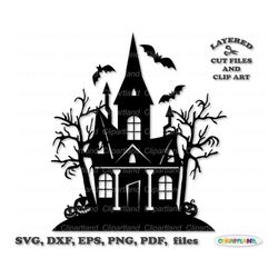 INSTANT Download. Halloween haunted house silhouette svg cut file and clip art. Commercial license is included ! H_18.