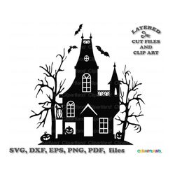 INSTANT Download. Halloween haunted house silhouette svg cut file and clip art. Commercial license is included ! H_16.