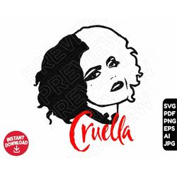 Cruella SVG villain png clipart vector , cut file outline layered by color