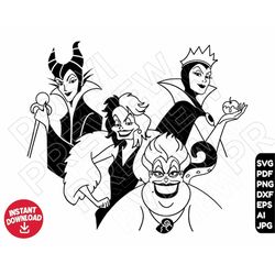 Villains Maleficent Cruella Ursula Evil Queen SVG png clipart , cut file outline silhouette