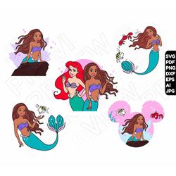 The little mermaid african american Bundle SET 5 cliparts SVG dxf png cricut , black ariel princess , cut files layered