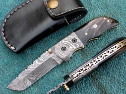 Stunning Damascus Steel Folding Knife , Hand Made Custom Made Pocket Knife