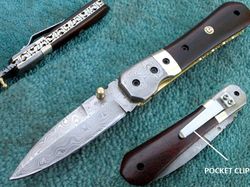 Superb Hand Made Folding Knife , Custom Made Damascus Steel Pocket Knife