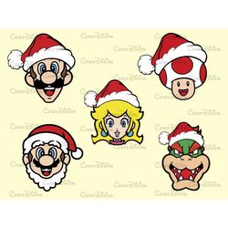 Super Mario Bros Christmas Head Bundle, Princess Peach, Yoshi, Bowser, Super Mario, Luigi, Instant Download Png, Merry C