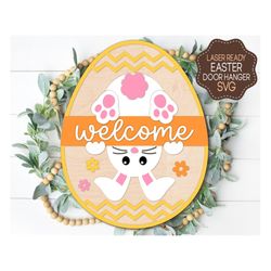Easter Bunny Welcome Sign, Round Door Hanger SVG, Easter Sign Svg, Farmhouse Spring Door Decor, Glowforge Laser Cut File