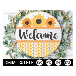 Fall Welcome Sign, Round Sunflower Door Hanger SVG, Autumn Sign Svg, Farmhouse Fall Door Decor, Glowforge, Png, Svg File