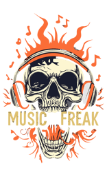 A skull with a soul coming out of it, terrifying, t-shirt, Black background text spells: "Music Freak", illustration