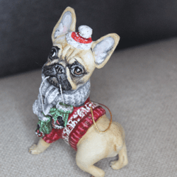 Christmas tree toy, Christmas decoration, Christmas dog, cotton wool toy, French bulldog