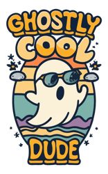 Halloween t-shirt design, image of a cute boy ghost with sunglasses, with the text "Ghostly Cool Little Dude"