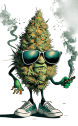 Illustration of an animated marijuana bud wearing dark sunglasses smoking a marijuana joint.
