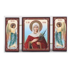 Triple folding icon on a wood -  Holy Great Martyr Tatiana with Angels | Size: 13 x 8 cm  ( 5 x 3 inches)