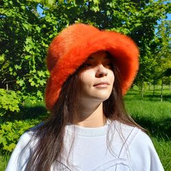 Bright orange bucket hat made of faux fur. Festival fuzzy hat. Cute orange fluffy hat. Rave shaggy hat. Furry bucket hat