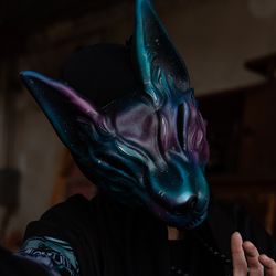 Japanese Kitsune mask - Purple and Blue Star wolf mask wearable, Masquerade Japanese fox mask