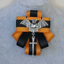 Halloween bow tie brooch Black collar bow brooch with bat Gothic bow tie pin Neck bow brooch for halloween