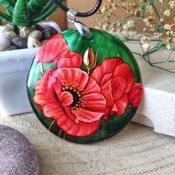Pearl pendant necklace 2.4in: Luxurious Red Poppy within Green field on charming necklace. Jewelry for evening dress