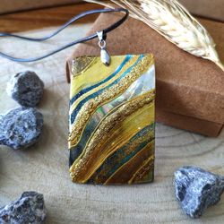 Pearl pendant necklace: Gold blue water on handmade jewelry. Abstract art style. Trendy necklace for woman. Gift for her