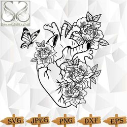 Floral Heart Svg | Cardiology Svg | Anatomical heart with flowers Svg | Flower heart Svg | Floral Heart with butterfly C