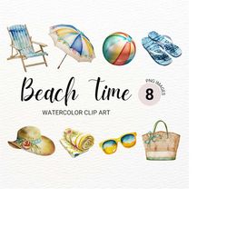 Beach Time Clipart | Watercolor Summer Clipart | Kawaii Clipart Bundle | Junk Journal | Digital Paper Craft | Digital Pl