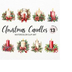 Christmas Candles Clipart | Watercolor Christmas Decor | Winter Holiday Scene | Junk Journal | Digital Planner | Commerc
