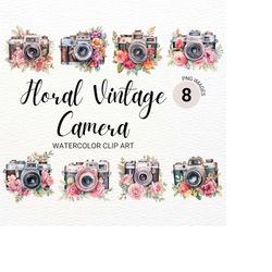 Floral Vintage Camera Clipart | Watercolor Camera PNG | Pink Flower | Junk Journal | Digital Planner | Summer Clipart |