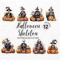 Spooky Skeleton Clipart | Watercolor Halloween PNG | Pumpkin Clipart | Junk Journal | Collage Images | Digital Planner |