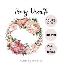Peony Wreath Clipart | Floral JPG | Watercolor Peonies Clipart Bundle | White Flower Clipart | Digital Planner | Junk Jo