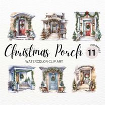 Christmas Porch Clipart | Watercolor Christmas Collage Images | Winter Holiday Scene | Junk Journal | Digital Planner |