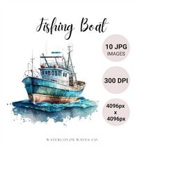 Watercolor Fishing Boat Clipart | Fishing JPG Ocean Clipart Bundle | Junk Journal | Digital Paper Craft | Card Making |