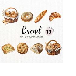 Watercolor Bread Clipart | Bakery Clipart | Bread Basket | Food Clipart | Baking Clipart | Kawaii Clipart | Commercial L