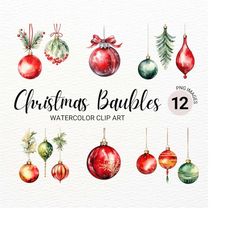 Christmas Baubles Clipart | Watercolor Christmas Tree | Santa PNG | Baubles PNG | Winter Clipart Bundle | Junk Journal |