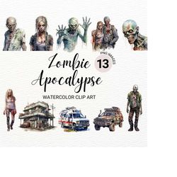 Zombie Apocalypse Clipart | Watercolor Halloween PNG | Fantasy Clipart Bundle  | Spooky Collage Images | Digital Planner