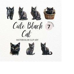 Watercolor Black Cat Clipart | Cute Black Kitten PNG | Watercolor Animals Clipart | Pet Clipart | Transparent Background