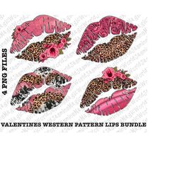 Valentines Western Pattern Lips Png Bundle Sublimation Design, Valentines Day Png, Lips Pattern Png, Leopard And Rose Pa