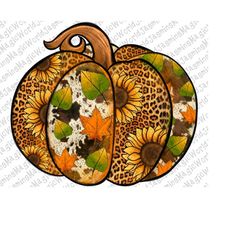 Leopard Cowhide and Sunflower Pumpkin PNG, Fall Designs, Pumpkin Png, Sublimation Designs, Instant Download, Western Pum