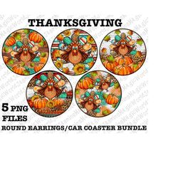 Thanksgiving round coaster png bundle design, Thankful car coasters png, turkey earrings bundle png, western earrings pn