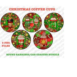 Christmas coffee cups coaster png bundle design download, Christmas car coasters png, coffee cups earrings bundle png, s