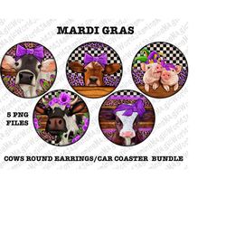Mardi Gras Cows Round Earrings Bundle Png Sublimation Design, Cow Car Coaster Png, Mardi Gras Checkered Flag Round Earri