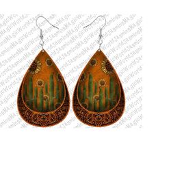 Western Sunflower Cactus Teardrop Earring  , Leopard Sunflower Pattern , PNG Printable,Subflower png, Sublimation Downlo