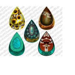 Western Teardrop Earrings Design Pack, Sunflower Leopard Earrings PNG, Feather PNG, Horse PNG, Teardrop Earrings Sublima