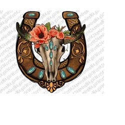 Horseshoe Flowers Bull Skull Gemstone Png,Western Horseshoe Design,Flower Boho Skull,Leopard Background,Western Design,S