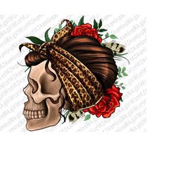 Leopard Bandana And Roses Skull Png Sublimation Design, Mexican Day Png, Latino Celebration Png,Hispanic Heritage Month