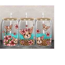 Floral Chihuahua Dogs Libbey Glass Png Sublimation Design,Hand Drawn Chihuahua Png,Dog Libbey Glass Png, Chihuahua Clipa