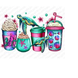 Turtle coffee cups png sublimation design download, coffee cups design, sea animals png, turtle png, sublimate designs d
