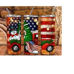 Merry Christmas USA Flag Farm Truck 20oz Skinny Tumbler Design, Christmas Truck Tumbler Png, USA Flag Tumbler Png, Xmas