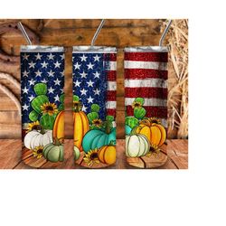 Fall Themed American Flag 20oz Skinny Tumbler Design, Fall Tumbler Png, American Flag Png, Pumpkin Tumbler Png, Fall Png