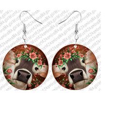 Rose And Cow Round Earrings,Rose Mom Earring,Leopard Earring,Cow Mom Png,Sublimation Design Download,Digital Download