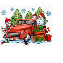 Christmas Snowmen With Red Truck Png Sublimation Design,Christmas Vintage Truck Png, Christmas Truck Png, Snowmen Truck