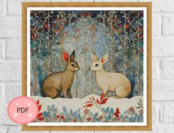 Cross Stitch Pattern ,Two Rabbits In The Snowy Forest,Vintage Design,Retro Inspiration,Instant Download,Full Coverage