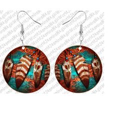 Wild West Colored Feathers Circle Earrings Png,Feathers Earring,Cowhide Earing,Earring Png,Sublimation Desig Download,Di